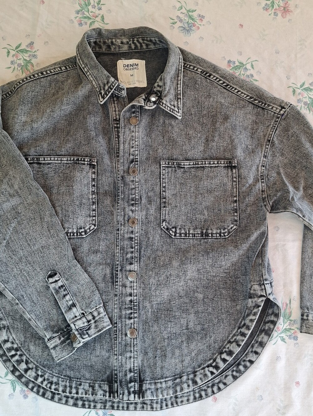 Unique Acid Wash Grey Denim Streetwear Shacket Button Up Jacket